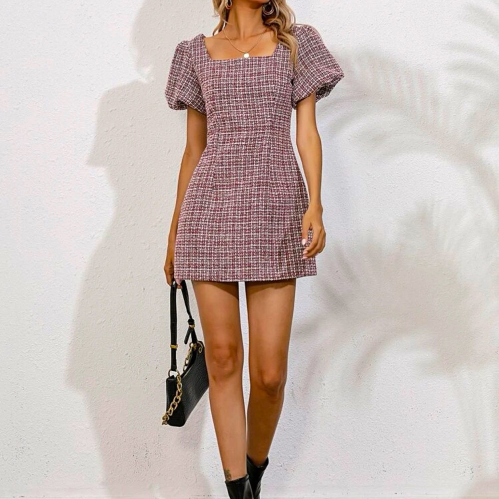 Puff Sleeve Tweed Dress